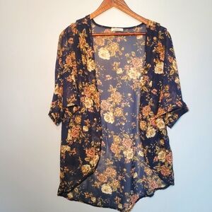 Teen Bell Open Front Sheer Kimono/Cover-up‎ Navy Blue Floral Womens Size M